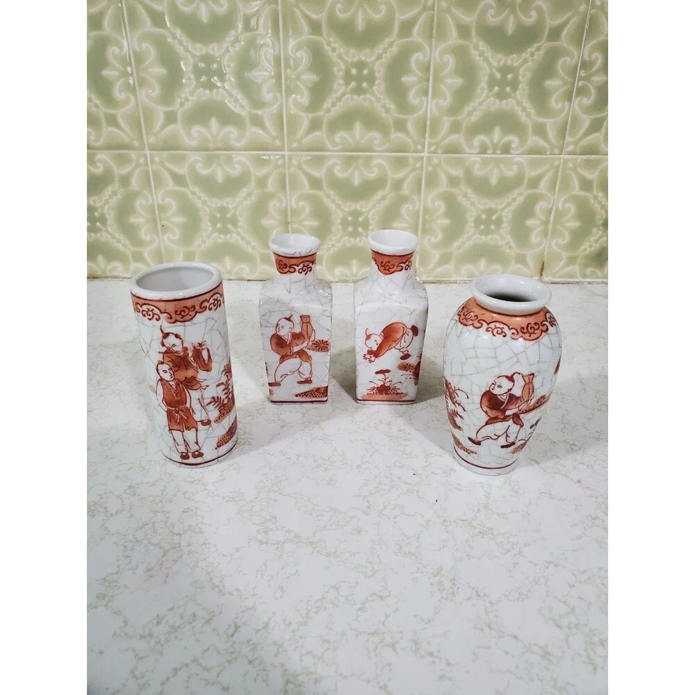 Oriental Objects D'Art Orange & White Crackle Mini Vases Decorative  Macau Lot 4